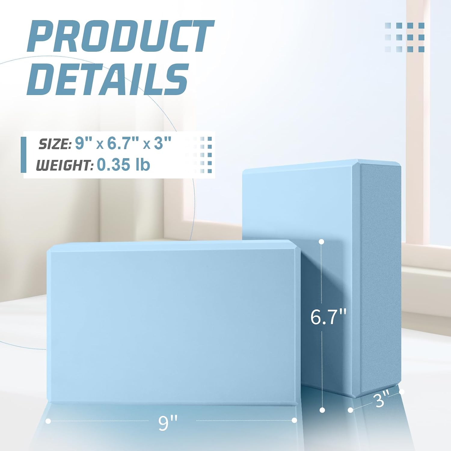 2-Piece EVA Foam Yoga Block Set (3 x 6 x 9-inch), highly supportive, latex-free, featuring beveled edges and a non-slip surface; suitable for Pilates, meditation, balance exercises, stretching, and deep poses. - Image 2