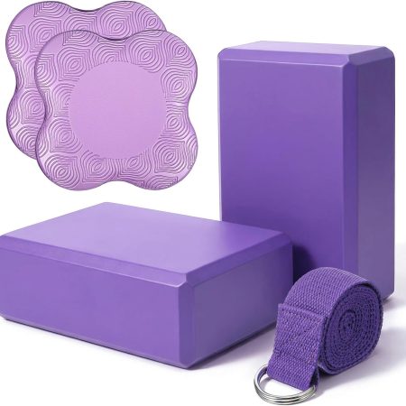 5-piece yoga block, knee pad, and stretching strap combo; soft, premium foam accessories; suitable for Pilates, meditation, general fitness, stable support, kneeling poses, balance exercises, deepening stretches, and toning (Purple).