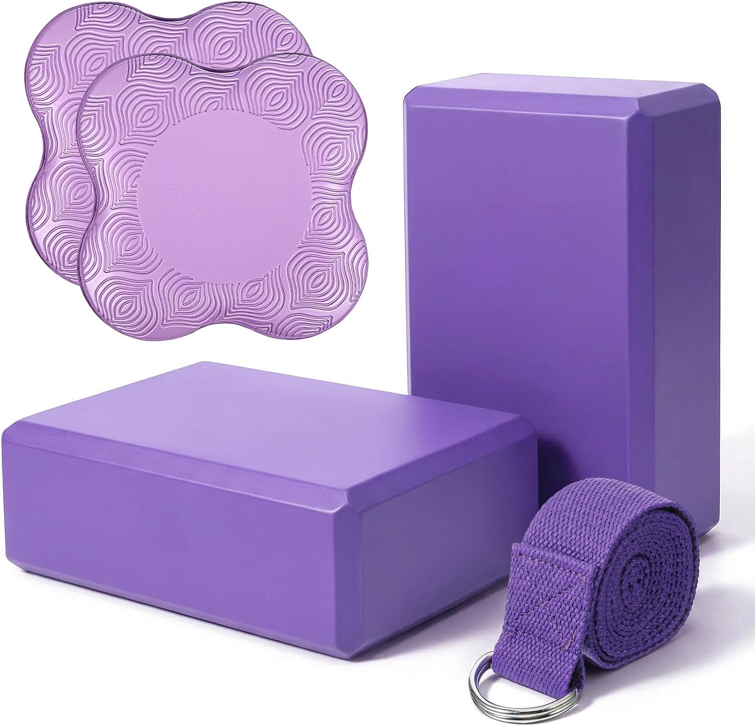 5-piece yoga block, knee pad, and stretching strap combo; soft, premium foam accessories; suitable for Pilates, meditation, general fitness, stable support, kneeling poses, balance exercises, deepening stretches, and toning (Purple).