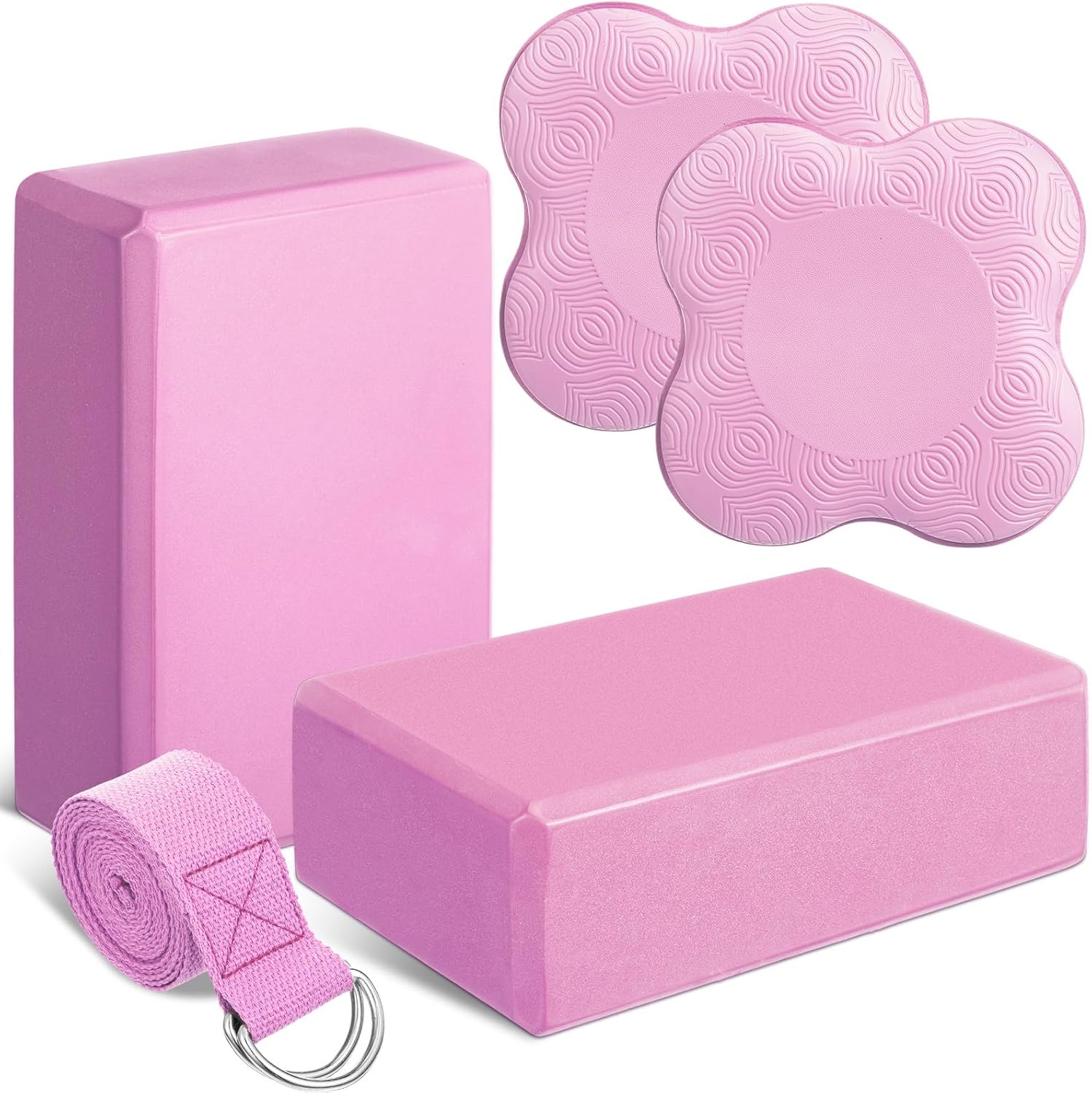 5-piece yoga gear set (includes yoga blocks, knee pads, and stretching straps); made of premium soft foam; suitable for Pilates, meditation, general fitness, balance exercises, and deepening stretches.