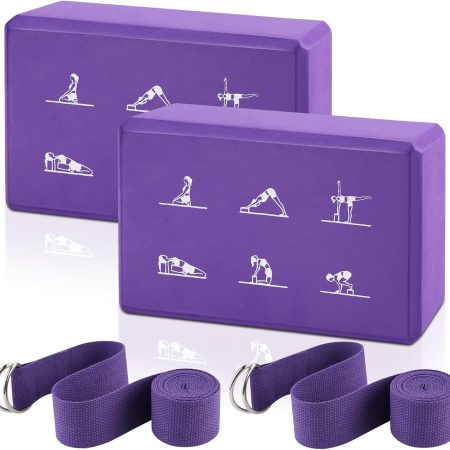 Yoga block and stretching strap combo (2 blocks, 2 straps); non-slip EVA foam blocks; high-density blocks with 6-foot stretching straps; highly supportive and latex-free; suitable for Pilates practice.