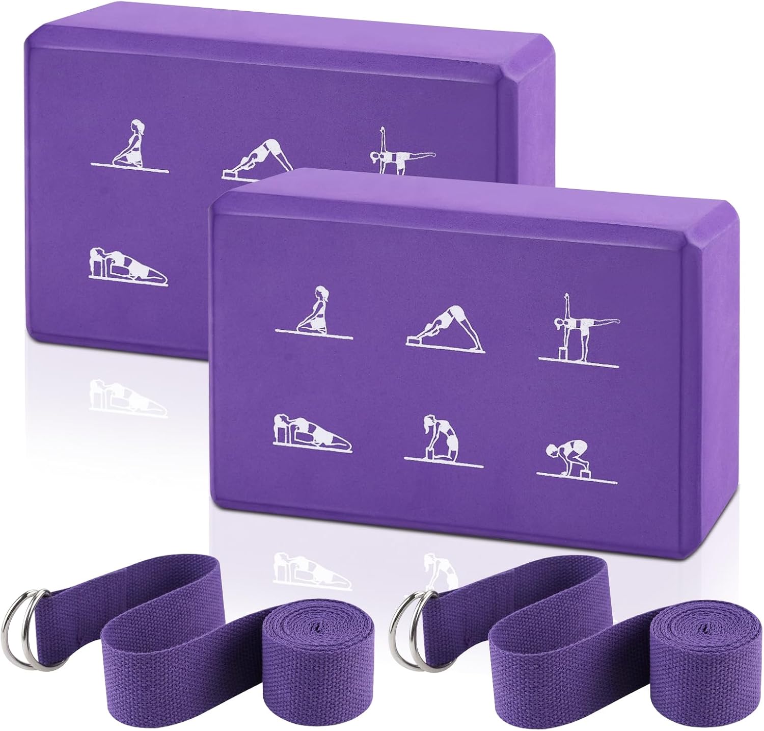Yoga block and stretching strap combo (2 blocks, 2 straps); non-slip EVA foam blocks; high-density blocks with 6-foot stretching straps; highly supportive and latex-free; suitable for Pilates practice.