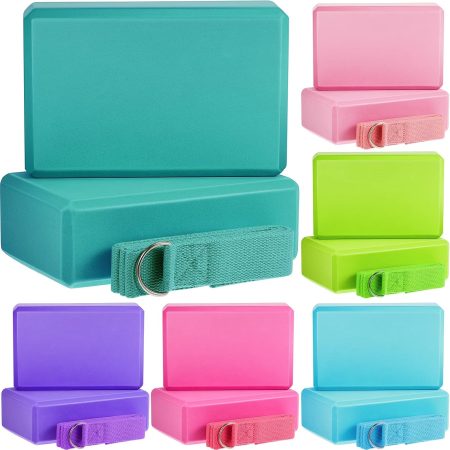 18-piece yoga block and stretching strap set, including 12 EVA foam yoga blocks (9 x 6 x ...3-inch) and 6 adjustable D-ring stretching straps (8 feet long); suitable for stretching, Pilates, gym workouts, and home exercise.